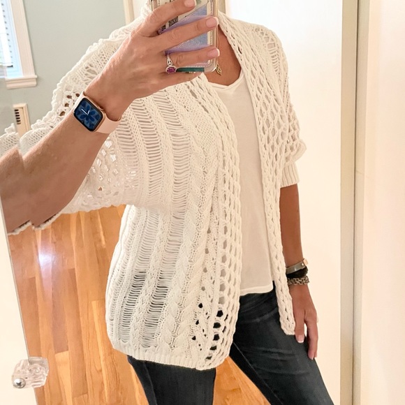 Moth x Anthropologie White Crochet Open Weave Dolman Cardigan Sweater - Picture 6 of 13